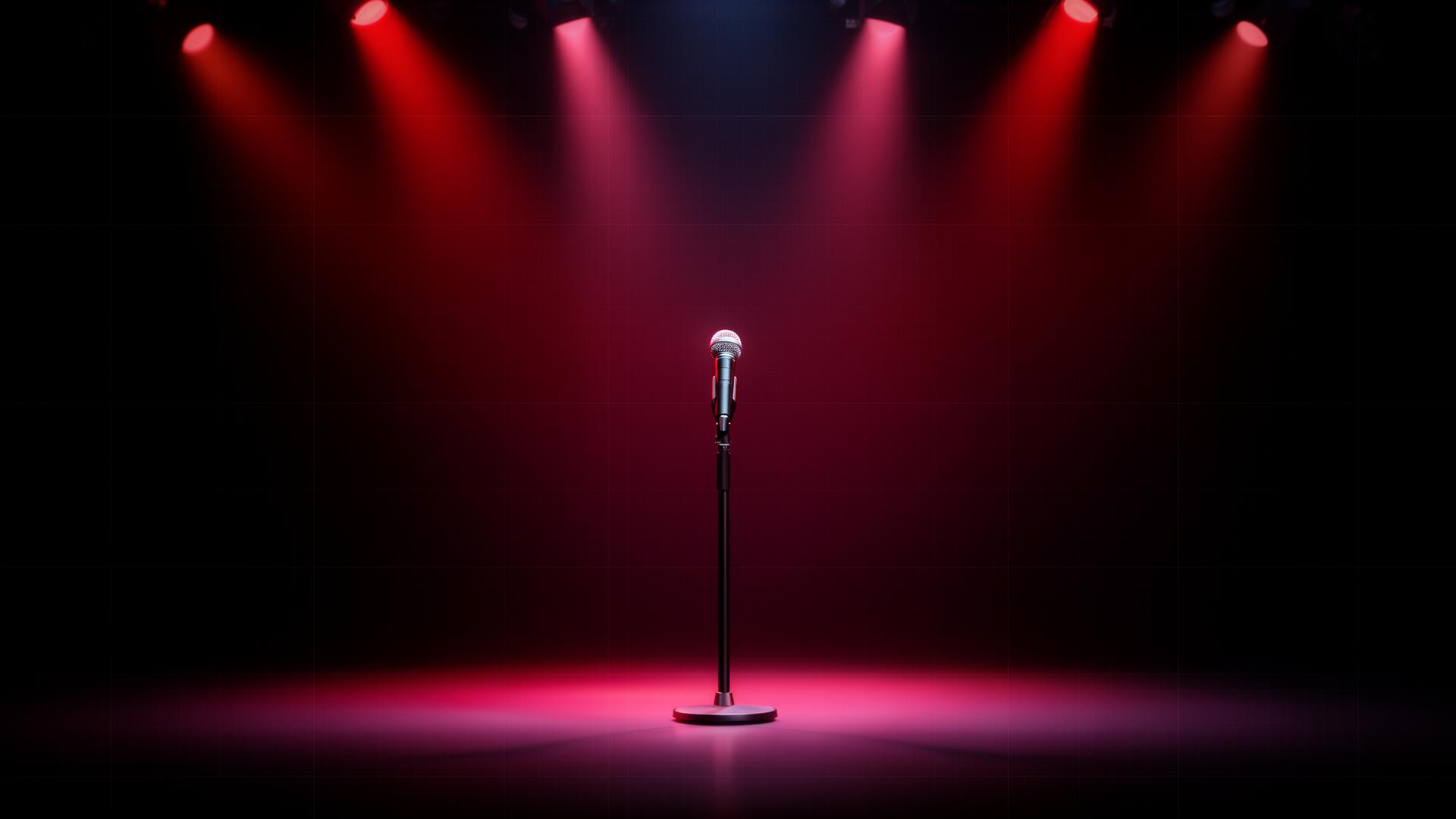 A single microphone on a darkened stage, lit by red and pink spotlights.
